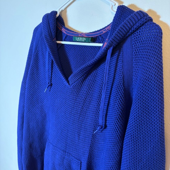 Lauren Ralph Lauren Blue Cotton Knit Hooded V-Neck Pullover Size Large - Picture 3 of 8